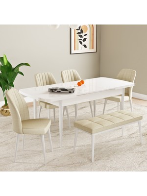 Hoopsii Laris Beyaz 80X132 Mdf Açılabilir Mutfak Masası Takımı 4 Sandalye, 1 Bench