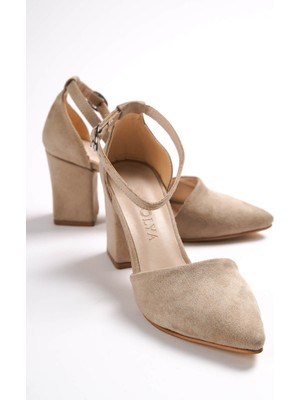 Divolya Flora Bej Süet Bilekten Bantlı Topuklu Ayakkabı