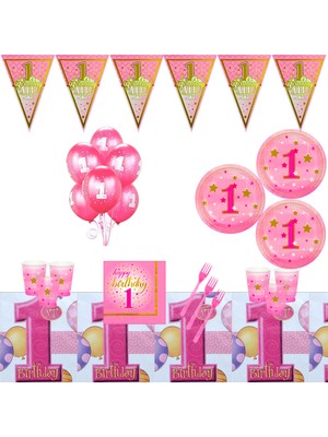 Bay Cimri 1 Yaş Temalı Pembe 8 Kişilik Doğum Günü Parti Malzemeleri Süsleri Parti Seti