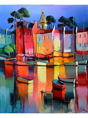 Pix Art Sanat Renkli Evler ve Kayıklar Pixart Sanat Elmas Mozaik Tablo Diamond Türkiye    45 x 55 cm