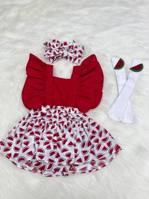 Şapka Kids Kız Bebek Karpuz Salopet Bandana ve Çorap Set