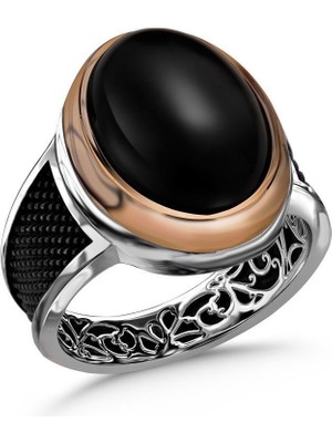 Amberkan Siyah Kapşon Oniks Taşlı Gümüş Erkek Yüzük