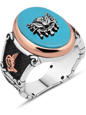 Amberkan Turkuaz Taş Üzeri Osmanlı Devlet Armalı Erkek Yüzük