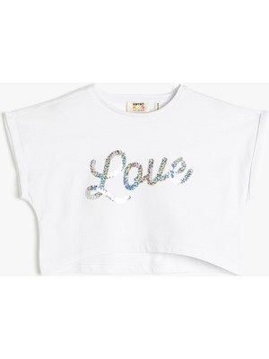 Koton Crop Tişört Oversize Kısa Kollu Pul Payet İşlemeli Pamuklu