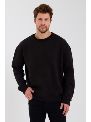 Erkek Yuvarlak Yaka Siyah Düz Sweatshirt Oversize Basic