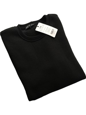 Erkek Yuvarlak Yaka Siyah Düz Sweatshirt Oversize Basic