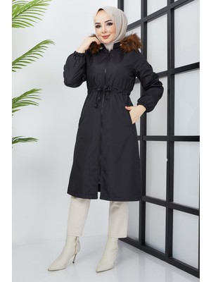 Hafsa Mina Beli Bağcıklı Mont Siyah