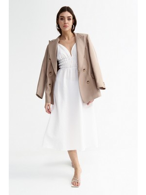 Fabrika Beyaz Kadın V Yaka Askılı Midi Basic Armürlü Büzgülü Elbise ROHAN-Y