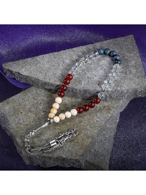 Osmanlı Doğal Taş Oğlak Burcu Tesbih Dumortierit, Jasper, Kırmızı Akik, Kristal Kuvars