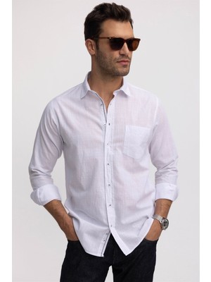Tudors Erkek Regular Fit Klasik Kesim Oversize %100 Pamuk Keten Doku Beyaz Gömlek
