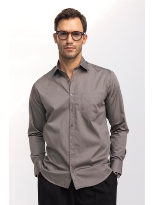 Tudors Erkek Regular Fit Klasik Kesim %100 Pamuk Saten Tek Cepli Gri Gömlek