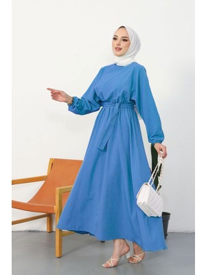 İlkimay Yarasa Kol Beli Lastikli Dorf Kuşaklı Tesettür Elbise 228 - Mavi