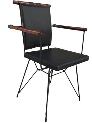 Bengi Ticaret Sandalye Penyez Klasik Model Metal Çelik Siyah Fırın Boya Siyah Suni Deri Balkon-Bahçe El Yapım