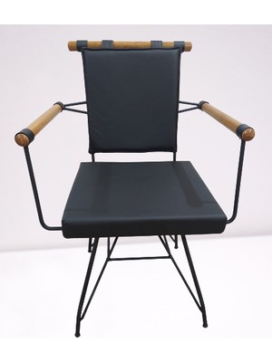 Bengi Ticaret Sandalye Penyez Klasik Model Metal Çelik Siyah Fırın Siyah Boya Suni Deri Balkon-Bahçe El Yapım
