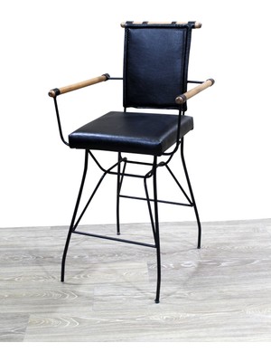 Bengi Ticaret Sandalye Penyez Bar Yüksek Model Metal Çelik Siyah Fırın Siyah Boya Suni Deri Balkon-Bahçe El Yapım