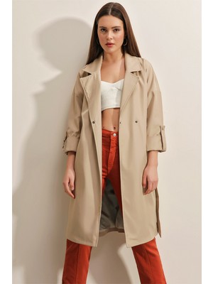 Bigdart 9104 Kruvaze Yaka Astarlı Trençkot - Bej