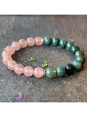 Safnaturel Sertifikalı Doğaltaş Pembe Kuvars - Yosun Akik Bileklik 8mm