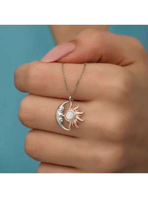 Gumush Gümüş Opal Beyaz Taşlı Ay Güneş Kadın Kolye
