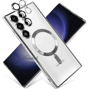 M.TK Moveteck Samsung Galaxy S23 Ultra Kılıf Kendinden Lensli Mercek Korumalı Wireless Şarj Destekli Parlak Renkli Kenarlı Arkası Şeffaf Magsafe Kapak