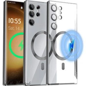M.TK Moveteck Samsung Galaxy S23 Ultra Kılıf Kendinden Lensli Mercek Korumalı Wireless Şarj Destekli Parlak Renkli Kenarlı Arkası Şeffaf Magsafe Kapak