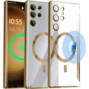 M.TK Moveteck Samsung Galaxy S23 Ultra Kılıf Kendinden Lensli Mercek Korumalı Wireless Şarj Destekli Parlak Renkli Kenarlı Arkası Şeffaf Magsafe Kapak