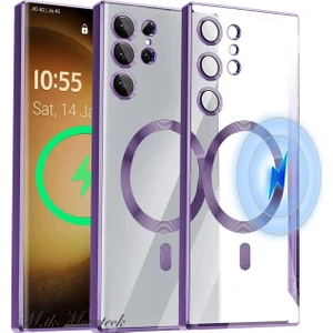 M.TK Moveteck Samsung Galaxy S23 Ultra Kılıf Kendinden Lensli Mercek Korumalı Wireless Şarj Destekli Parlak Renkli Kenarlı Arkası Şeffaf Magsafe Kapak