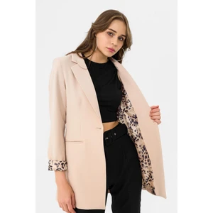 Kadın Astarı Leopar Desenli Tek Düğme Kapamalı Blazer Ceket