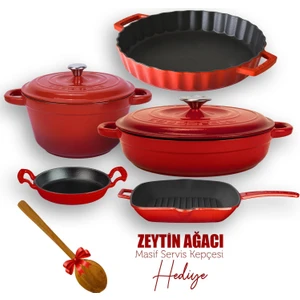 Döküm 5x New Heritage Serisi Döküm Demir Tencere & Tava Seti - Kırmızı