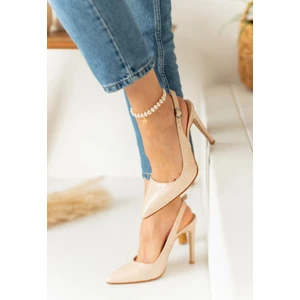 La Limar Bej Yılan Derisi  Desenli  Stiletto Sivri Burun Kadın Topuklu Ayakkabı