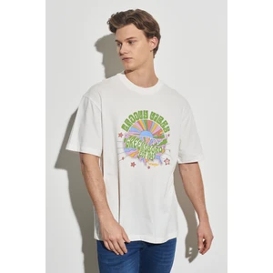 Loose Fit Rahat Kesim %100 Pamuk Bisiklet Yaka Kırık Beyaz Tişört