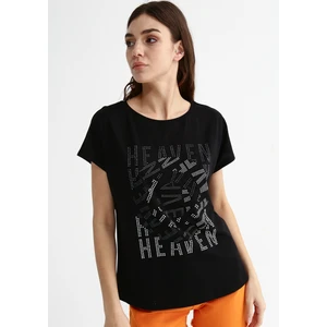 Fabrika Comfort Bisiklet Yaka Taşlı Siyah Kadın T-Shirt Cm-Zoes