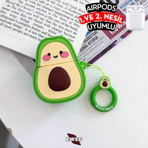 Airpods 1. ve 2. Nesil Uyumlu Avokado Figürlü  Sevimli Koruyucu Silikon Kılıf, Darbe Emici Kılıf