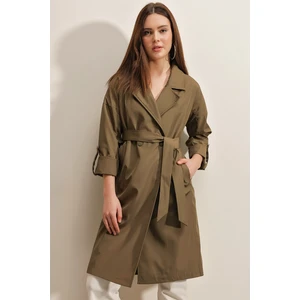 9104 Kruvaze Yaka Astarlı Trençkot - Haki