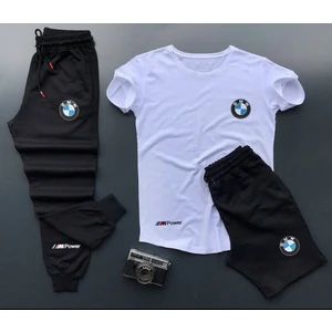 New Cabin Yazlık Şort-Eşofman Altı-Tişört Slim Fit 3'lü Bmw Mpower Baskılı Takım Kombin Alt Üst