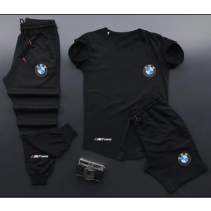 New Cabin Yazlık Şort-Eşofman Altı-Tişört Slim Fit 3'lü Bmw Mpower Baskılı Takım Kombin Alt Üst