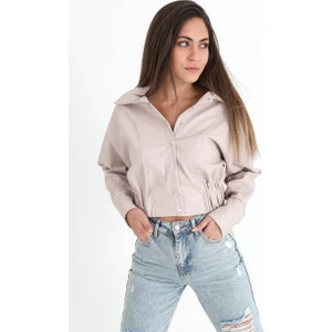 Vpr Moda Kolları Çıtçıtlı Beli Lastikli Kadın Deri Gömlek - Taş