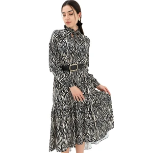 Kolu Büzgülü Zebra Desen Elbise - Siyah