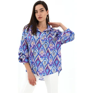 Reglan Kol Baskılı Saten Gömlek - Mavi