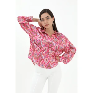 Reglan Kol Baskılı Saten Gömlek - Pembe