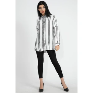 Vpr Moda Balık Sırtı Kumaş Düşük Kol Çizgili Kadın Gömlek