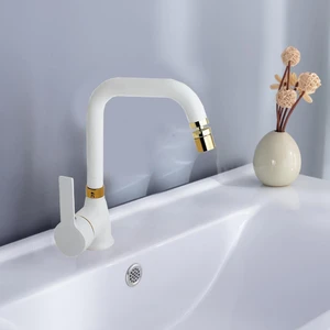 Mat Beyaz Gold Lavabo Bataryası Pirinç 360 Derece Oynar Perlatörlü Siera