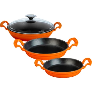 Cam Kapaklı 3'li Turuncu Sahan Seti  (16 cm - 20 CM-24CM)