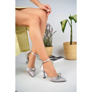 Gimer Avm Kadeh Ökçeli Arkası Kapalı Taşlı Gümüş Saten Kadın Stiletto