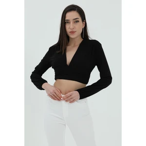 Derin V Yaka Crop Bluz - Siyah