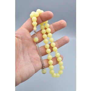 Gümüş Kaplama Kamçılı Küre Kesim Açık Sarı Sıkma Kehribar Tesbih