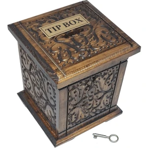 Oyma Desenli Ahşap Dikey Tip Box  Bahşiş Kutusu 1 Adet