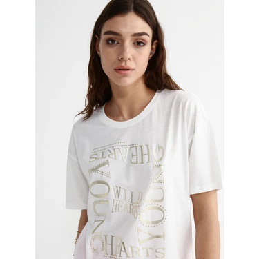Fabrika Comfort Bisiklet Yaka Varakl Beyaz Kad n T Shirt Fiyat