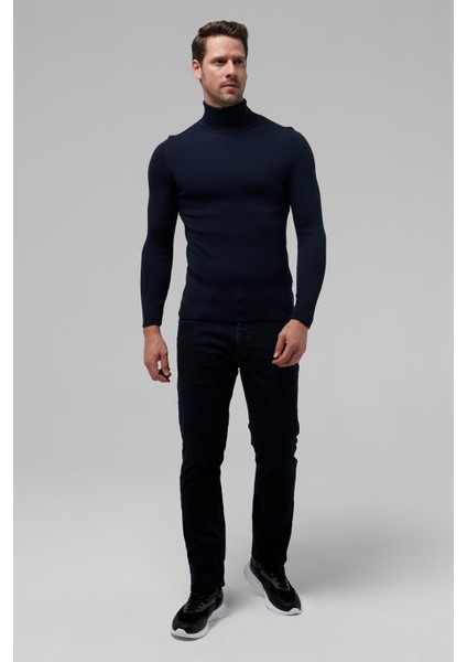 Slim Fit Lacivert Rib Örgü Kazak 9EC060631764M