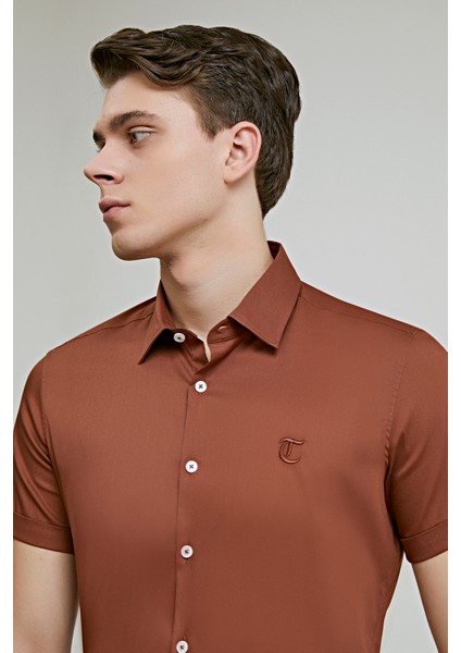 D'S Damat Twn Slim Fit Toprak Düz Stretch Gömlek 8EC02EE44326D
