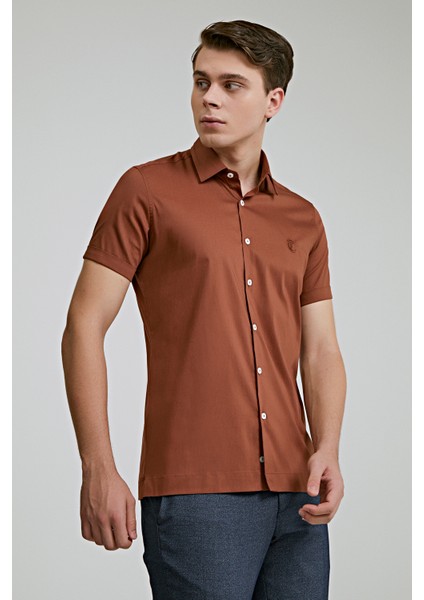D'S Damat Twn Slim Fit Toprak Düz Stretch Gömlek 8EC02EE44326D